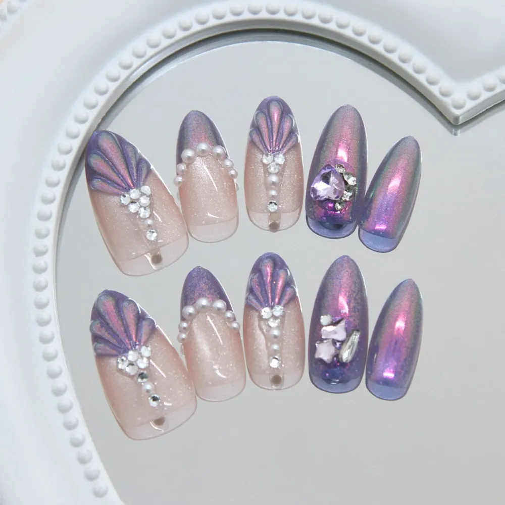 Nailhour 30Pcs French Cat Eye Fishtail Pearl Rhinestone 3D Purple Medium Almond Press On Nails