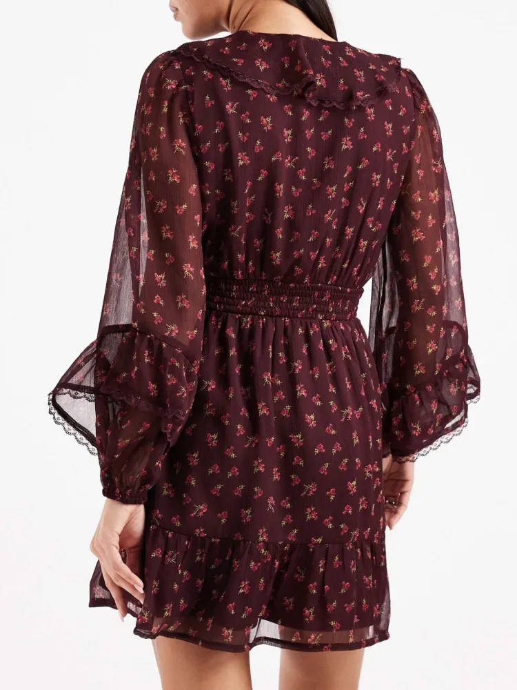Ruffled V-Neck Long Sleeve Dress