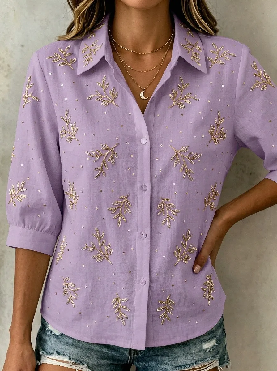 Women's Breast Cancer Awareness Gold Leaf Sequin Embroidered Button-Down Shirt