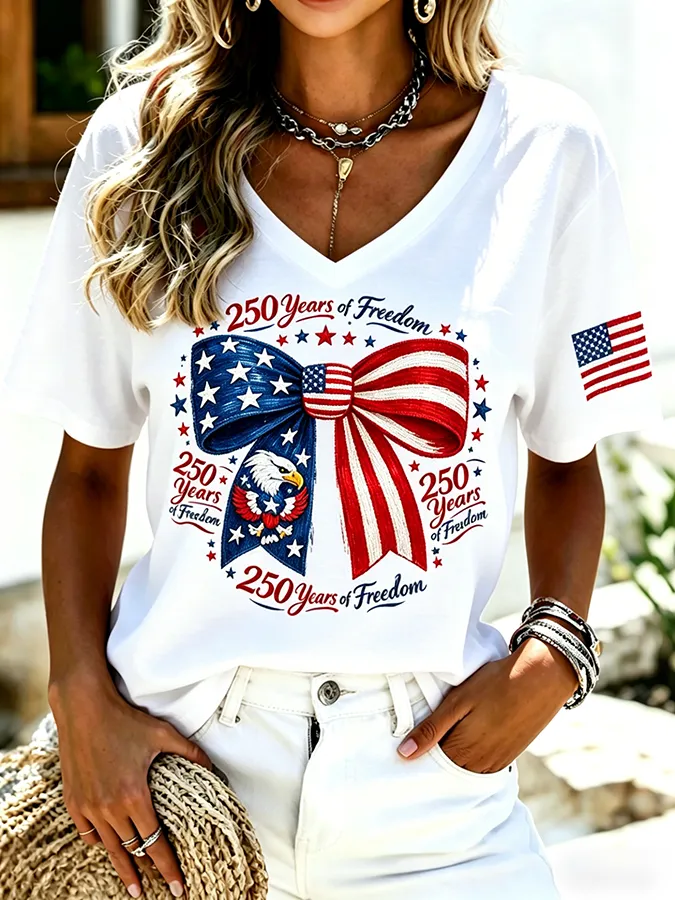 250 Years Of Freedom Eagle Bow Tie American Flag V Neck Tee