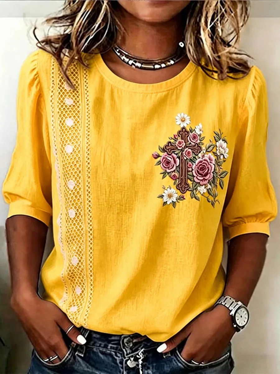 Women'S Cotton And Linen Floral Print Top