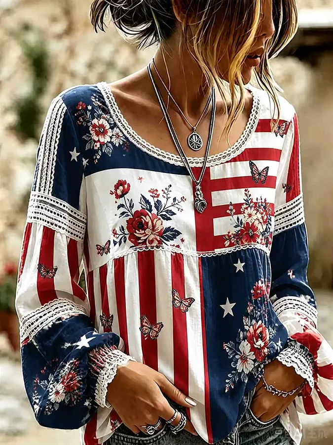 Women's National Flag Floral Cotton Linen Shirt