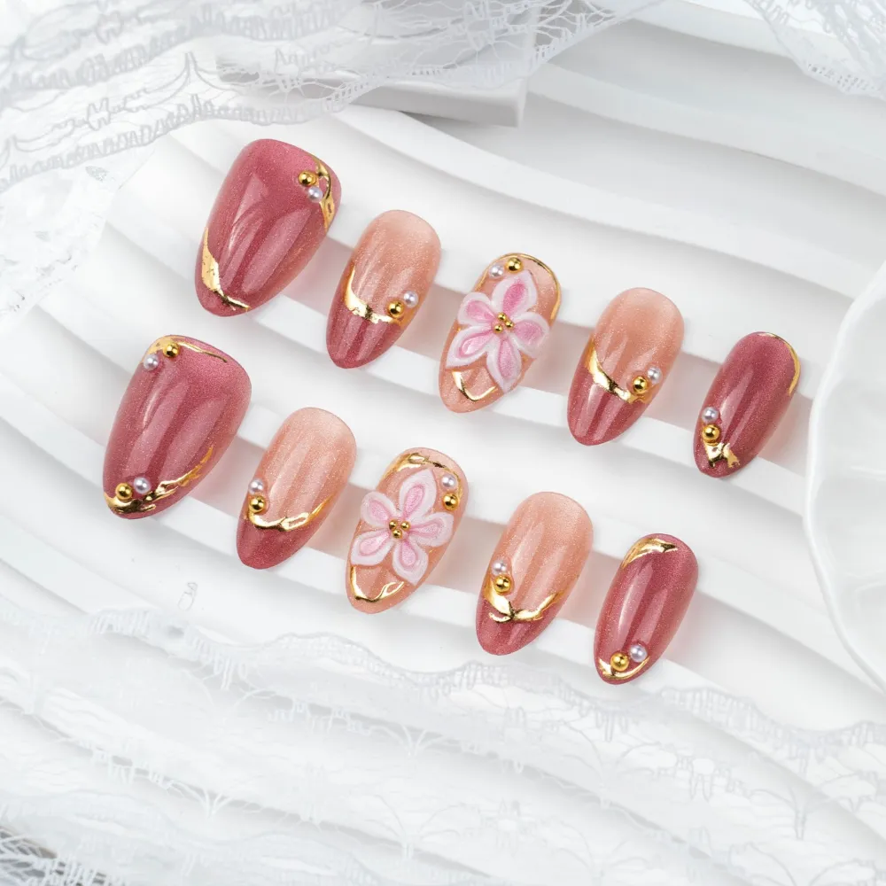 Nailhour 30Pcs Pink Floral Cat Eye 3D Medium Almond French Press On Nails