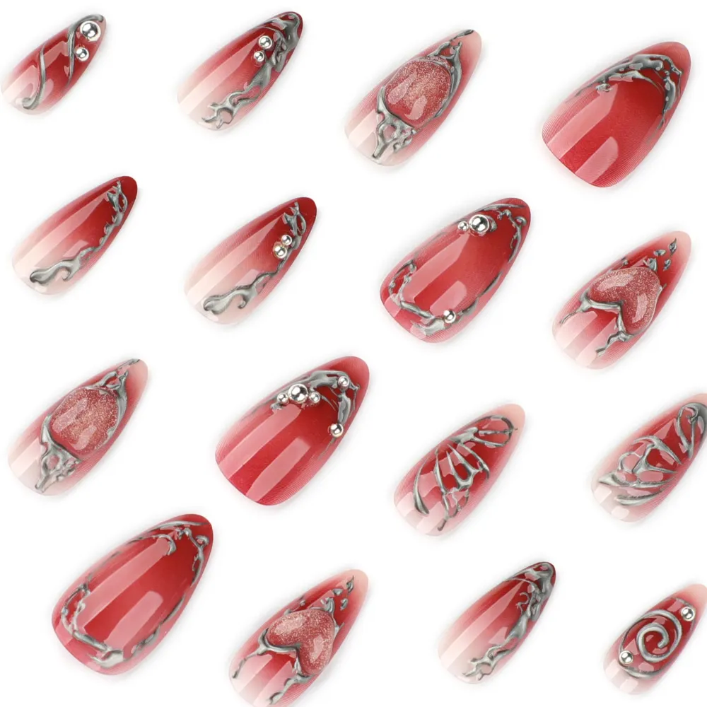 Nailhour 24Pcs Red Y2K Medium Almond Gilded Press On Nails
