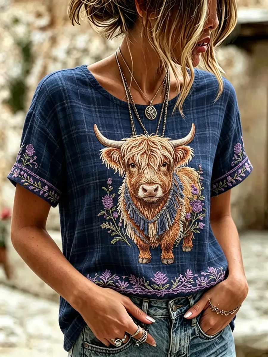 Scottish Highland Cattle Design Women's Cotton-Linen T-Shirt