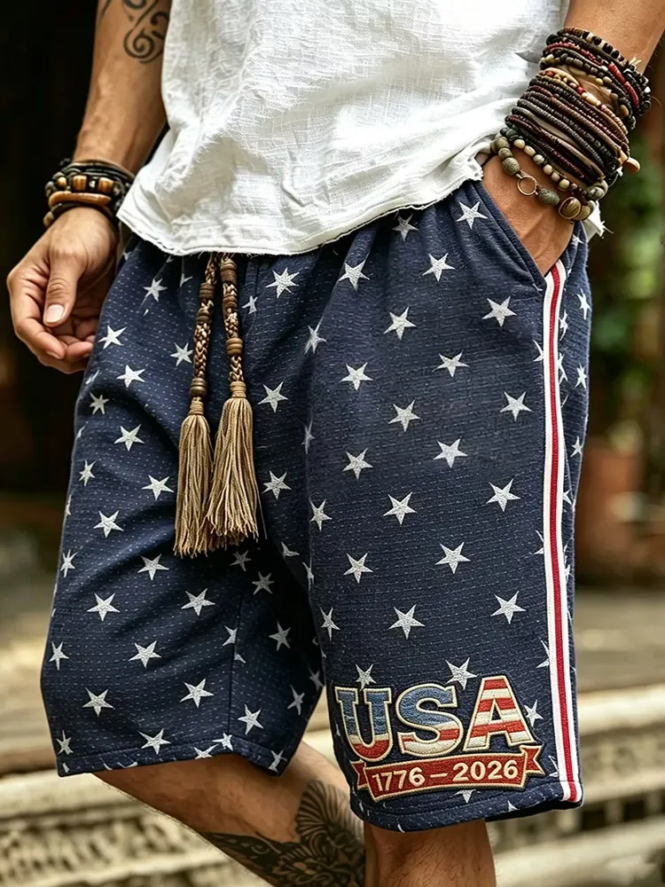 Men'S Casual American Star Bar Element Personalized Printed Drawstring Shorts