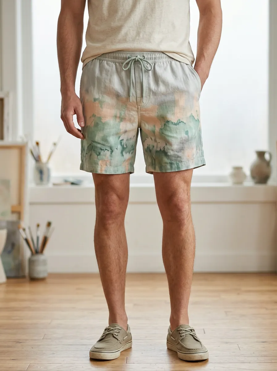 Men's Straight Leg Summer Tie Dye Watercolor Drawstring Shorts