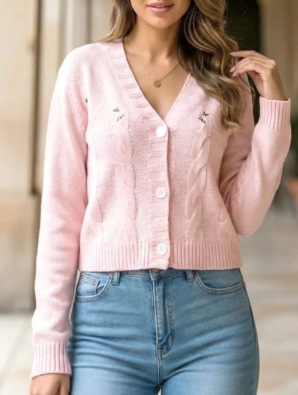 Floral Embroidery Cable Knit Loose Cardigan
