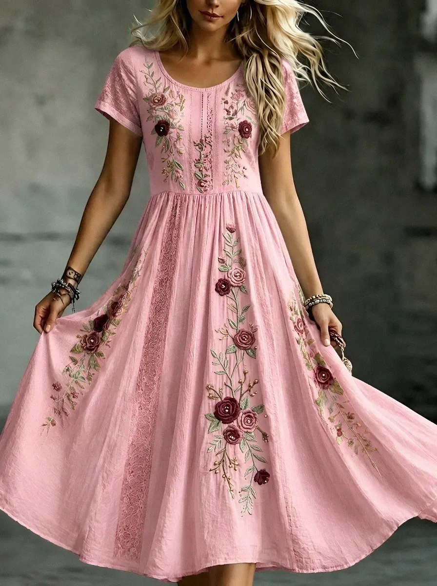 Women's Breast Cancer Awareness Floral Embroidered Printed Dress