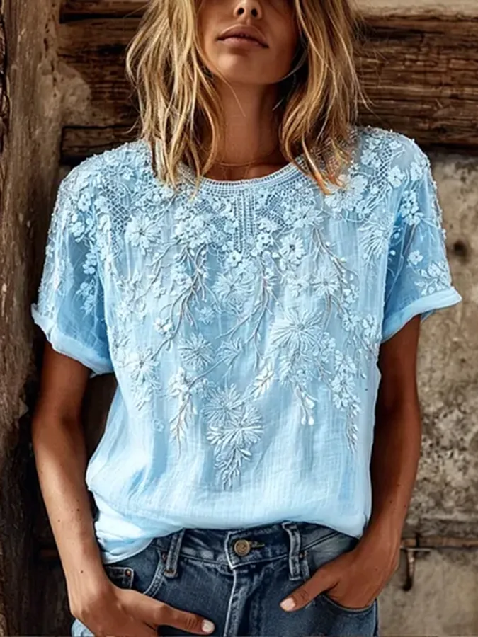 Women's casual floral print cotton and linen round neck top