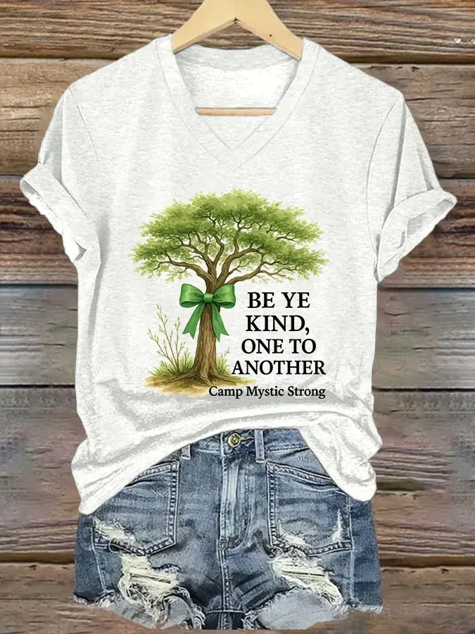 V-Neck Retro Texas Strong Green Bow Cross Print T-Shirt