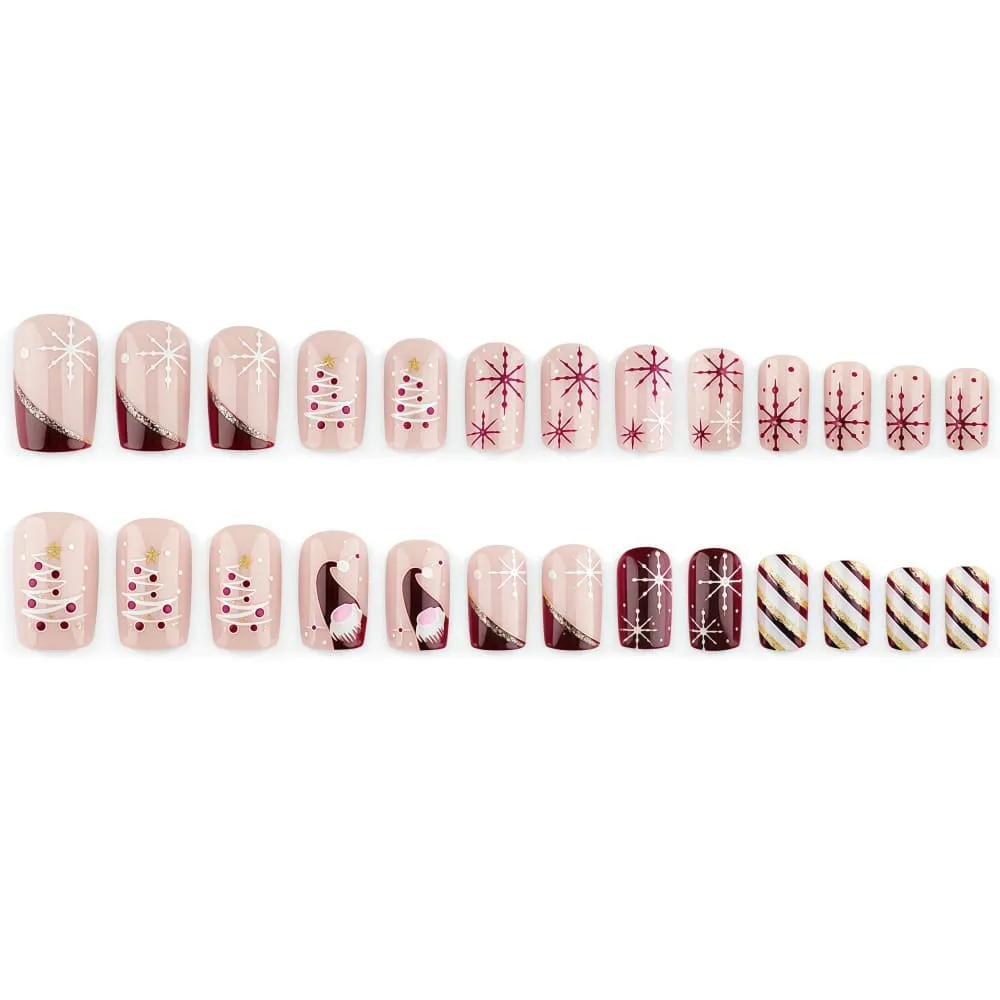Nailhour 24Pcs Christmas Pink Medium Square French Press On Nails