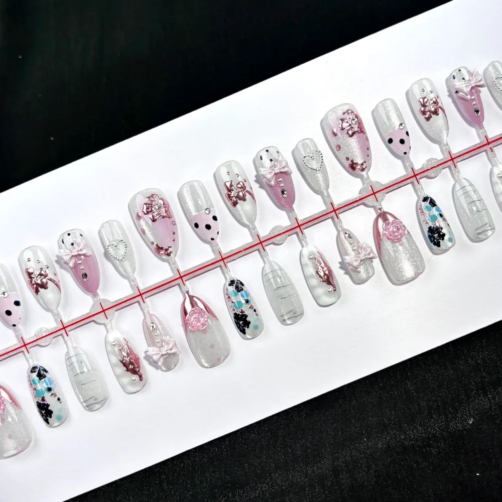 Nailhour 30Pcs Cat Eye Glitter Medium Almond French Press On Nails