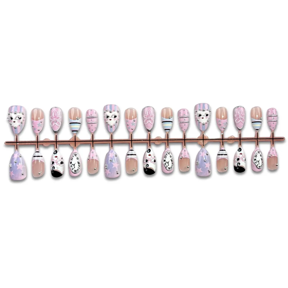 Nailhour 30Pcs Y2K 3D Chrome Sleepwalking Doll Medium Almond Press On Nails