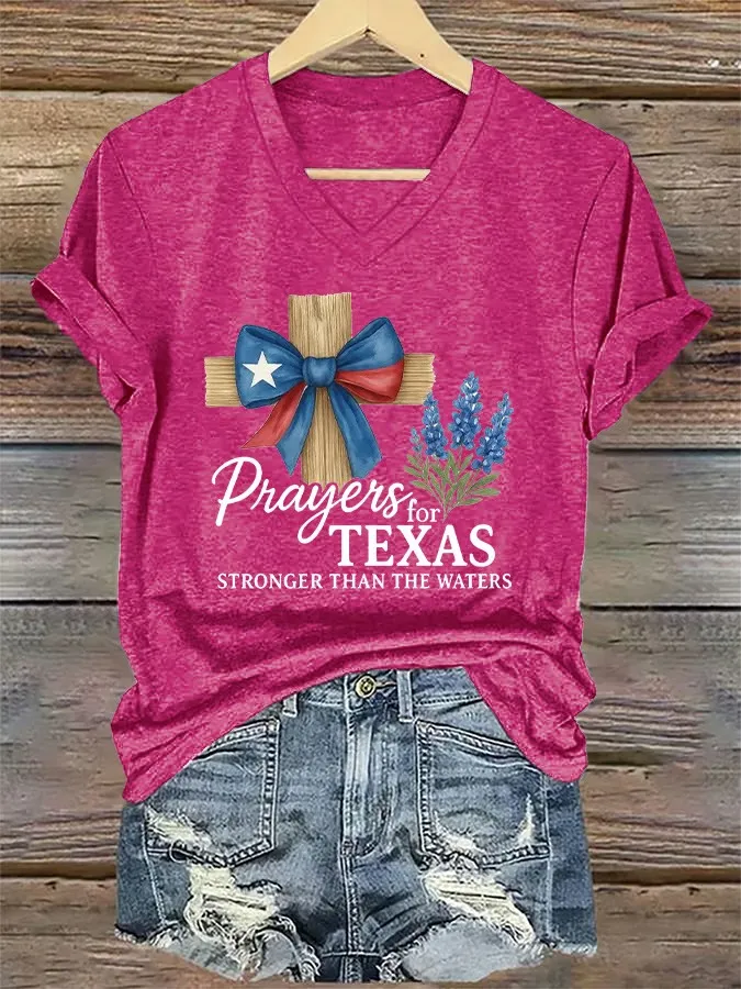 V-Neck Retro Prayers For Texas Print T-Shirt