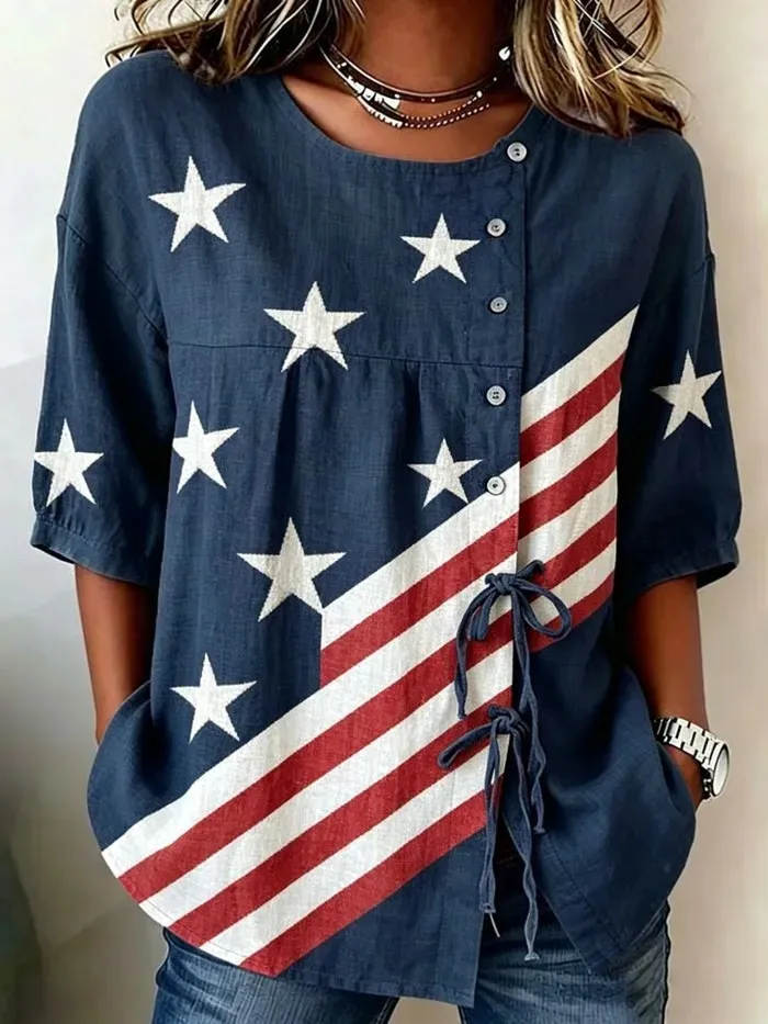 Ladies' Casual American Flag Personalized Printed Cotton Linen Top