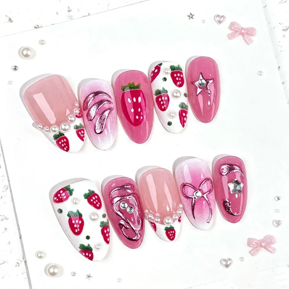 Nailhour 30Pcs Strawberry 3D Bow Medium Almond French Press On Nails
