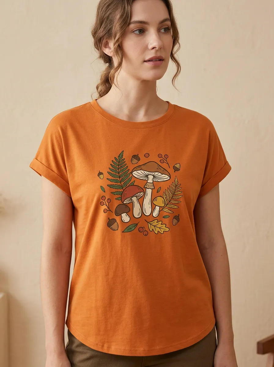 Botanical Mushroom Fern Acorn Printed Women's Graphic T-Shirt