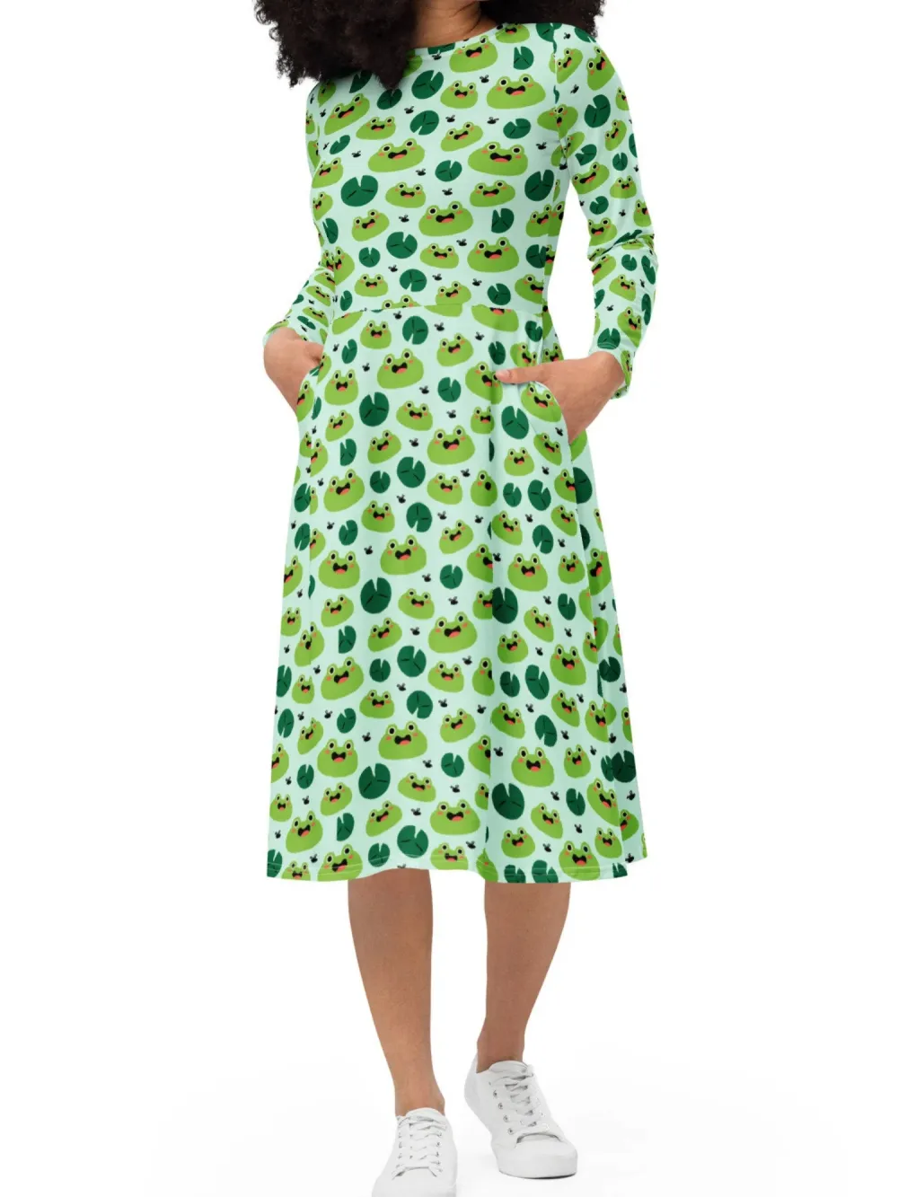 Frog Print Casual Dress with Pockets