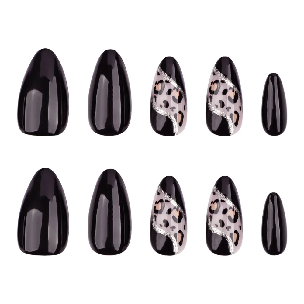 Nailhour Black Minimalist 24Pcs Leopard Winter Press On Nails