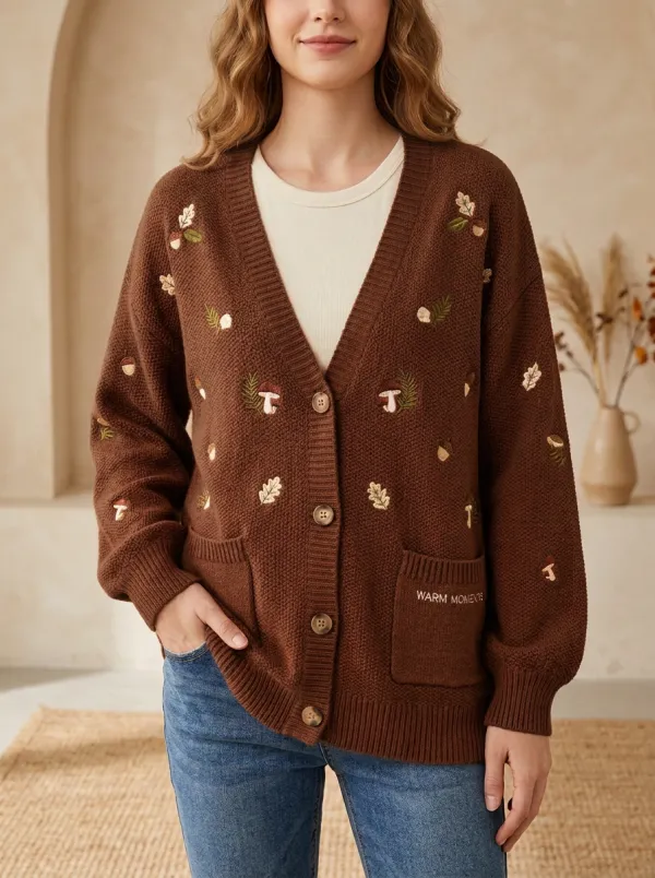 Mushroom Acorn Leaf Embroidered Women's Knit Cardigan