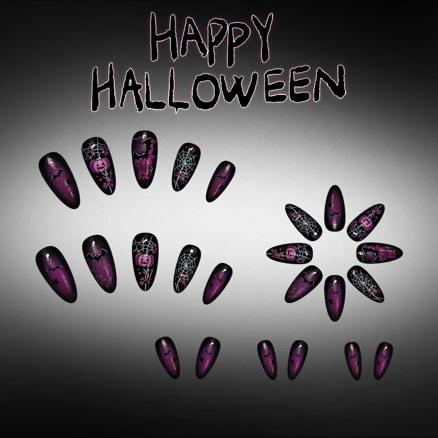Nailhour 24Pcs Pumpkin Spider Purple Glossy Halloween Medium Almond Press On Nails