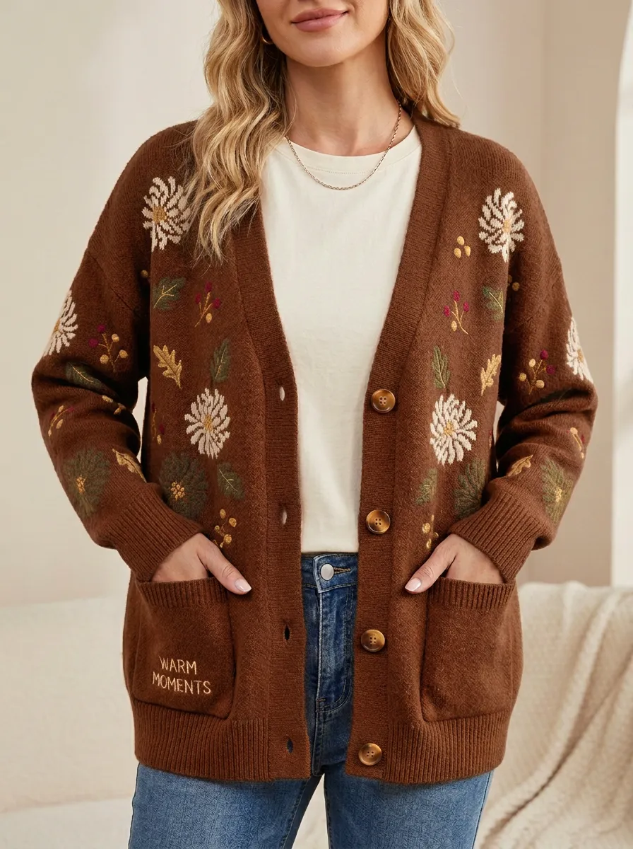 Floral  Rust Embroidered Women's Knit Cardigan