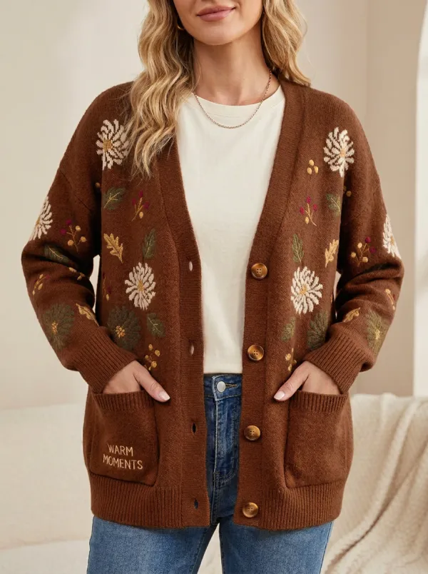 Floral  Rust Embroidered Women's Knit Cardigan