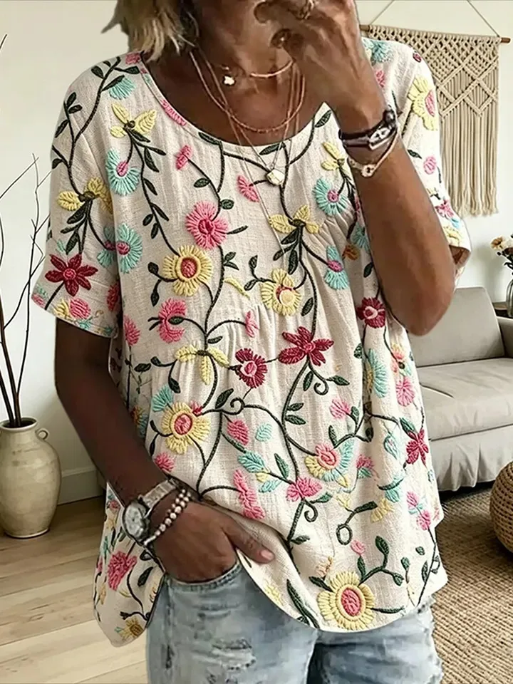 Women's Vintage Irregular Pleated Floral Design Short Sleeves Round Neck Linen Tunic Top