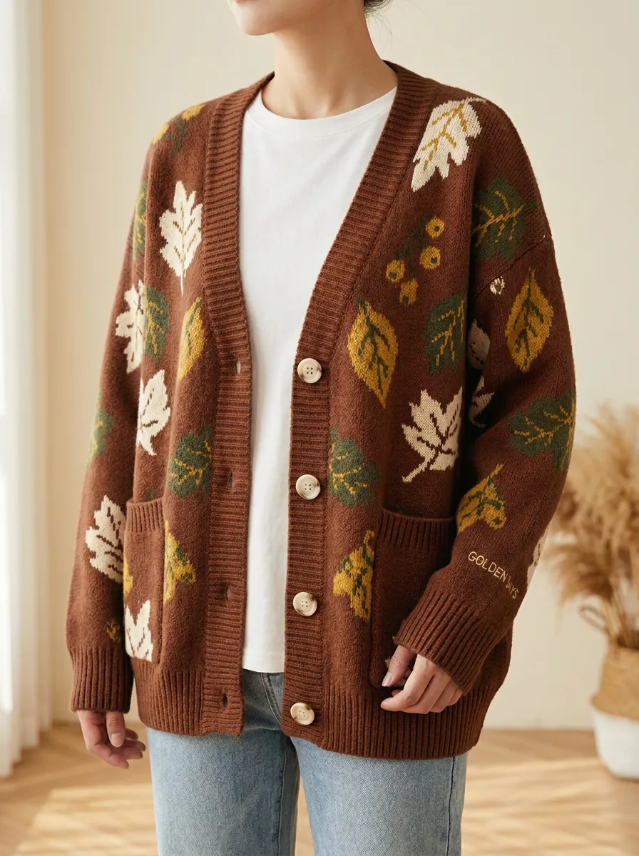 Whimsical Maple Leaf Pattern Patterned Women's Knit Cardigan