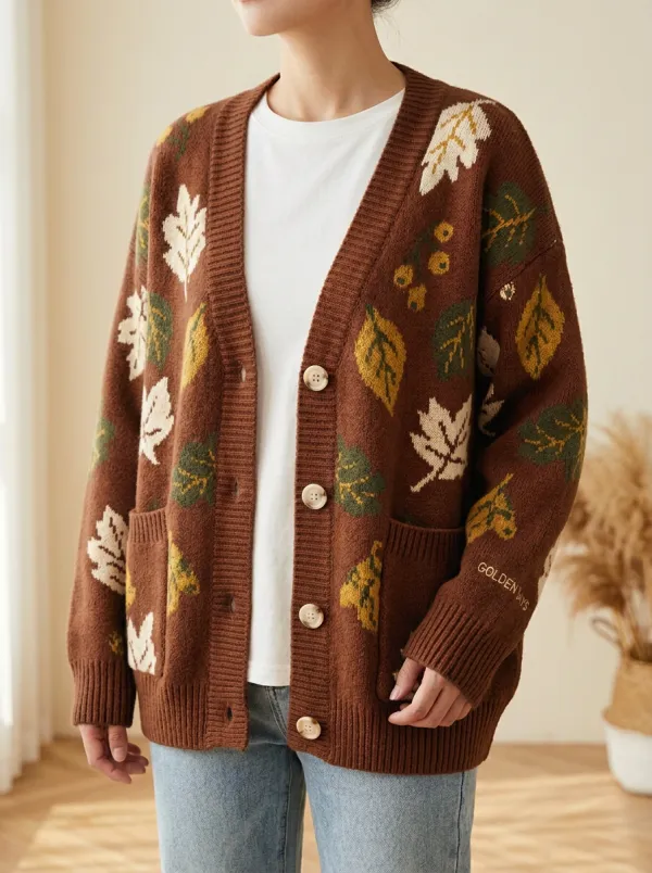 Whimsical Maple Leaf Pattern Patterned Women's Knit Cardigan