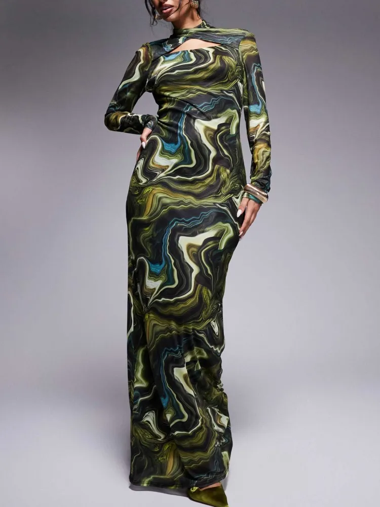 Cutout Abstract Print Long Sleeve Dress