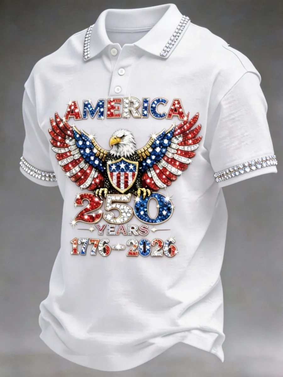 American 250th Anniversary Rhinestone Design Men's Polo Shirt