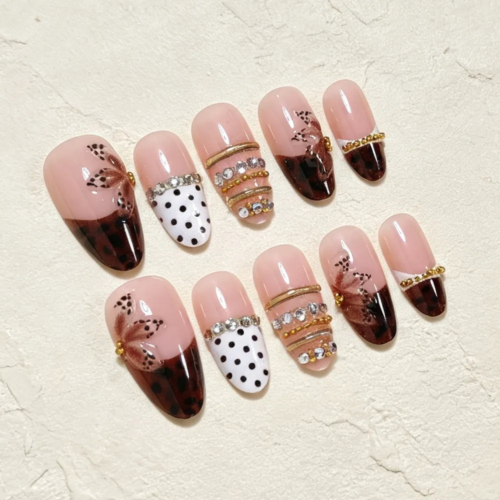 Nailhour 30Pcs Vintage Brown Medium Almond Press On Nails