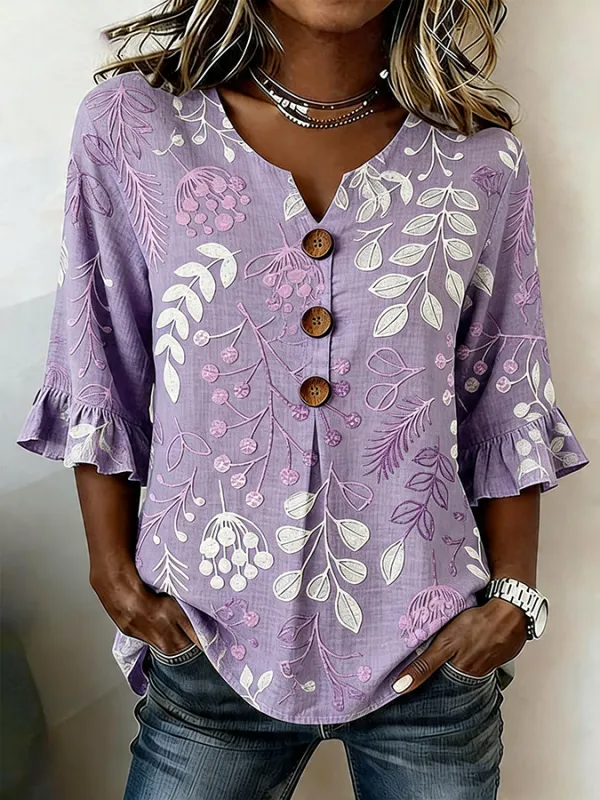 Women's Casual Retro Floral Cotton Linen Shirt