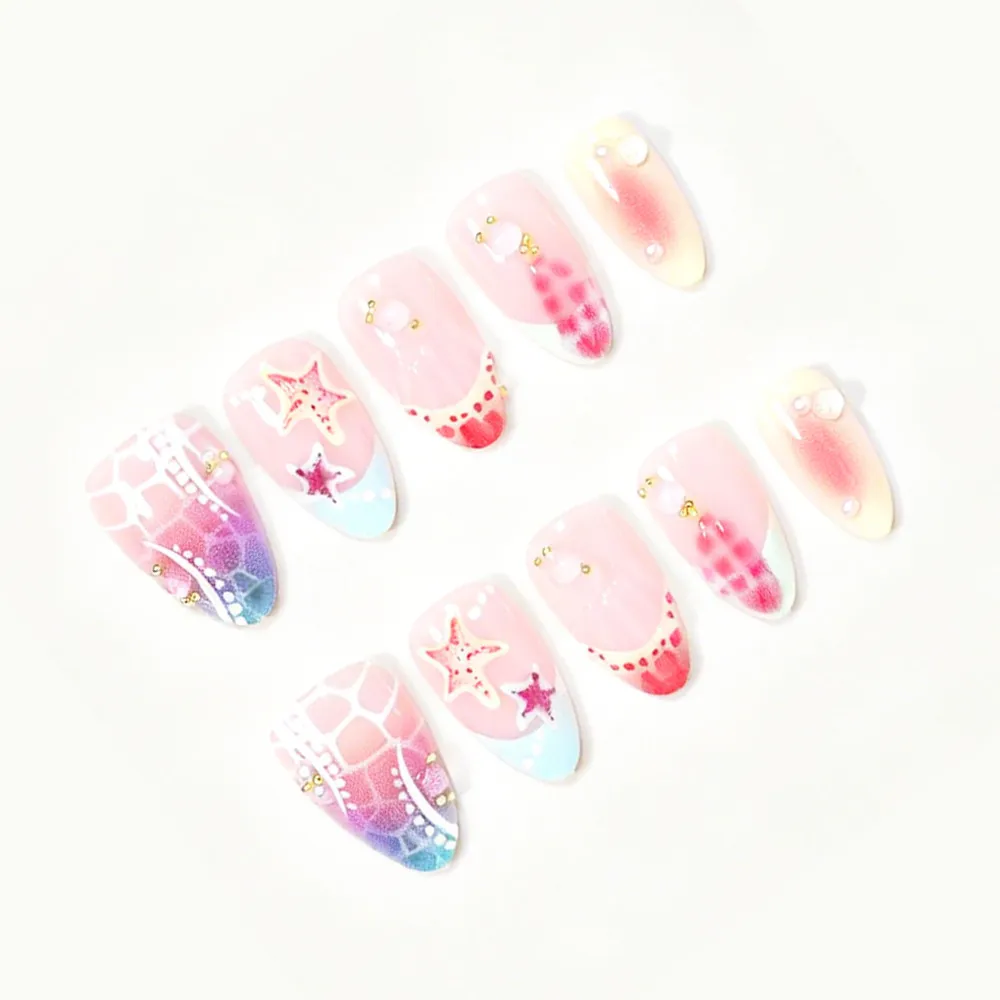 Nailhour 24Pcs 3D Resin Jellyfish Pearl Summer Ocean Press On Nails