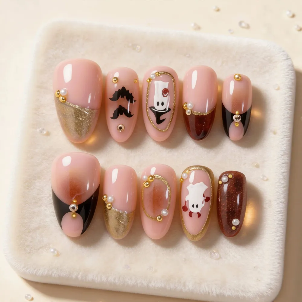 Nailhour 30Pcs Halloween Medium Almond French Gilded Press On Nails