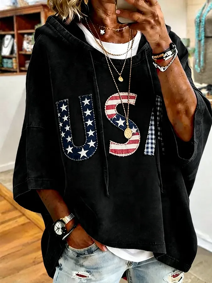 Patriotic Red USA Star Stripe Applique Oversized Hoodie