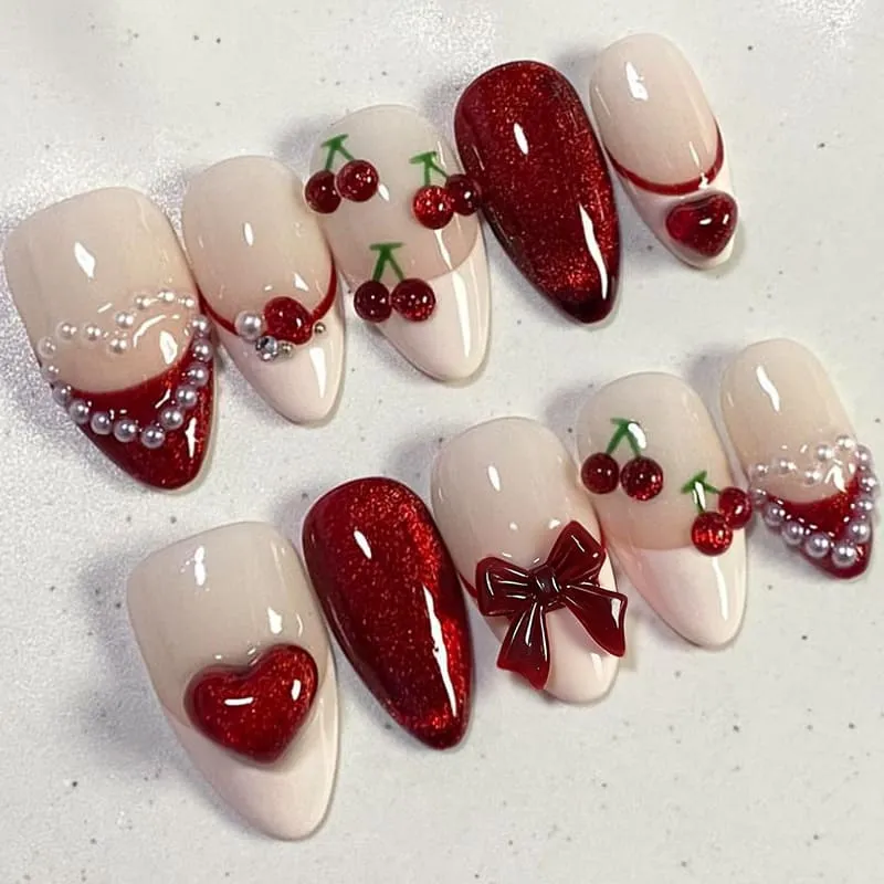 Nailhour 30Pcs Red Medium Almond 3D  Cat Eye Press On Nails