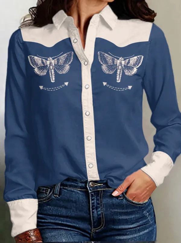 Women's Line Moth Print Western Long Sleeve Shirt