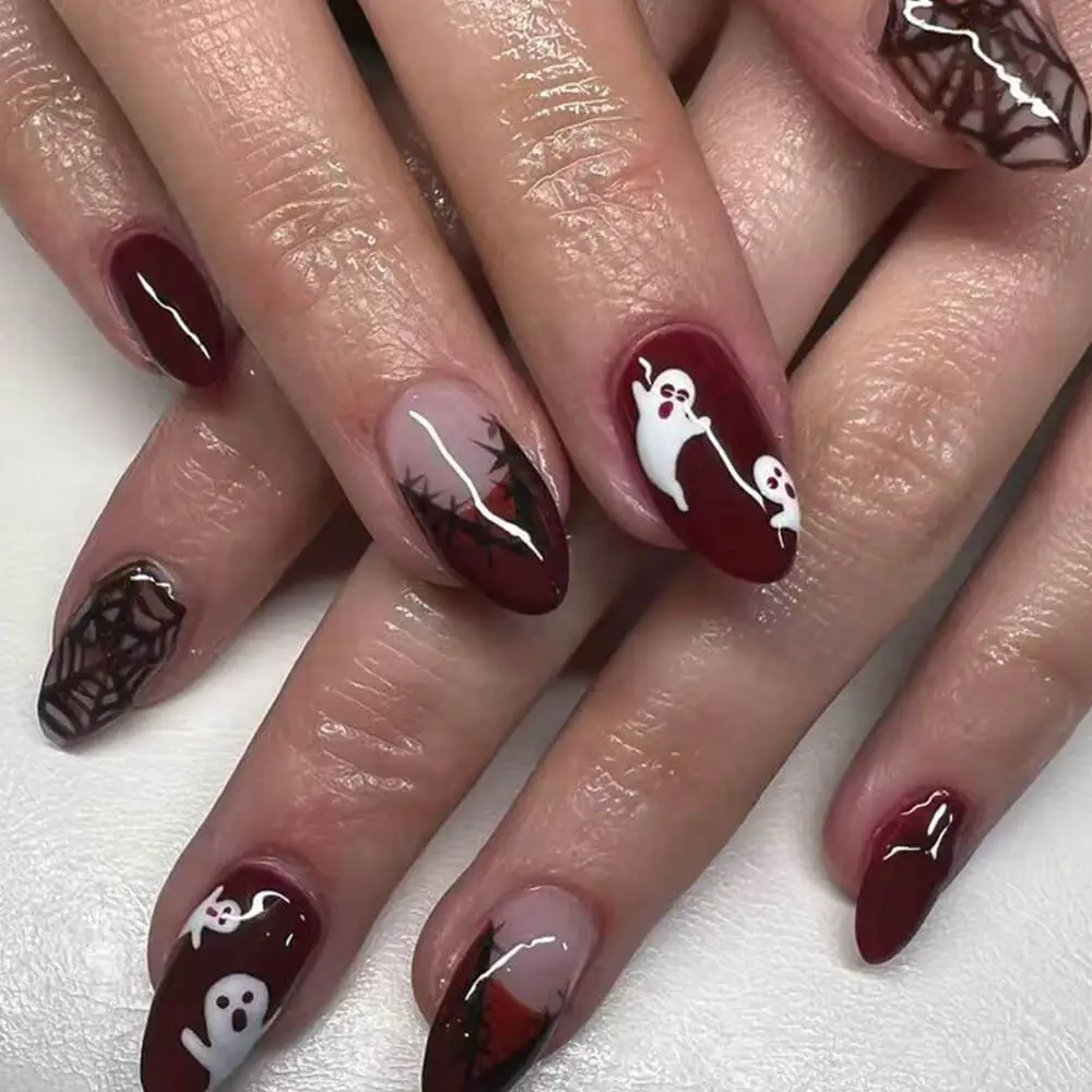 Nailhour 24Pcs Halloween French Short Oval Bloody Ghost Press On Nails