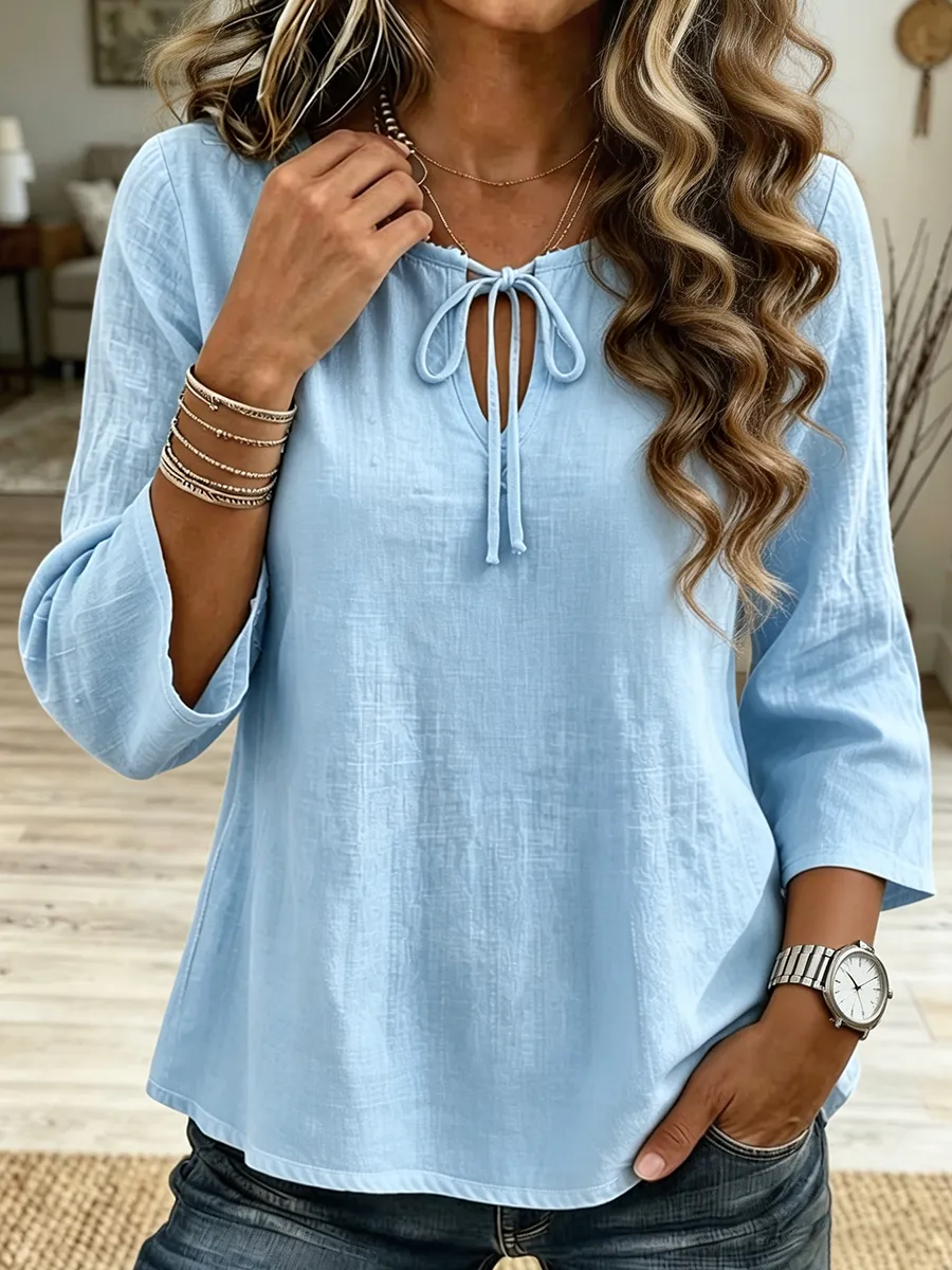 Women's Tie Neck Keyhole Linen Blend Casual Top