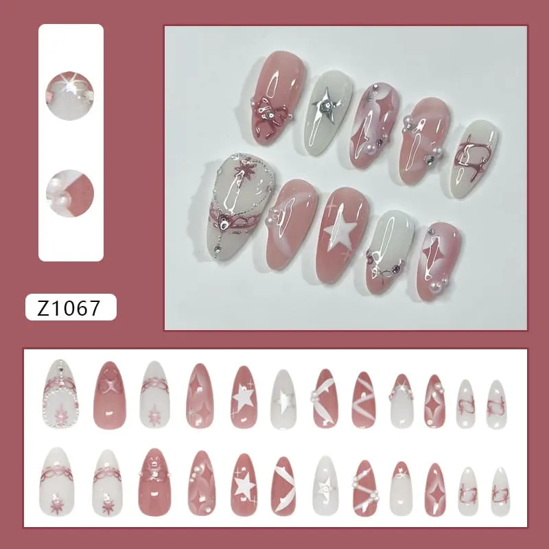 Nailhour 24Pcs French 3D Pink Vintage Medium Almond Press On Nails