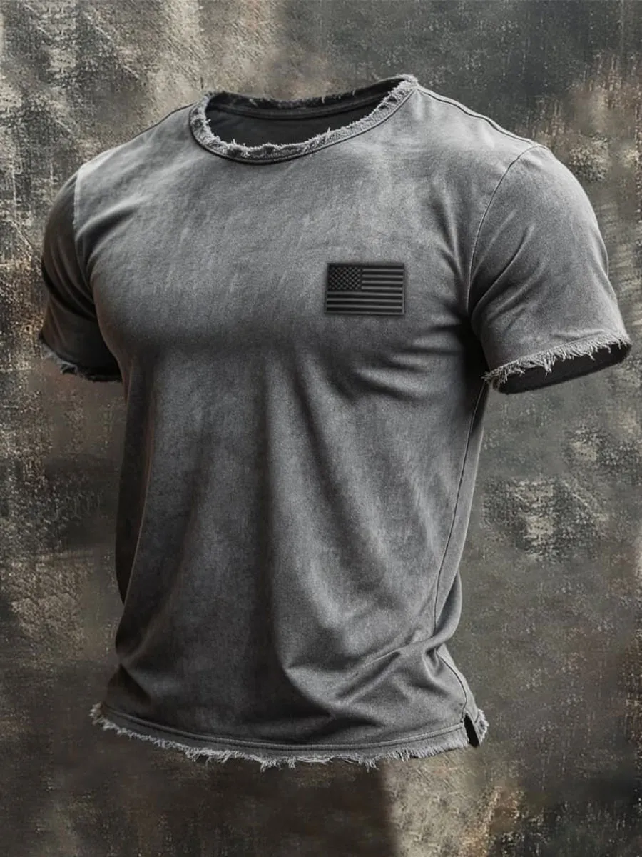 Men'S Retro Style Loose Cuff 100% Cotton Washed And Faded T-Shirt
