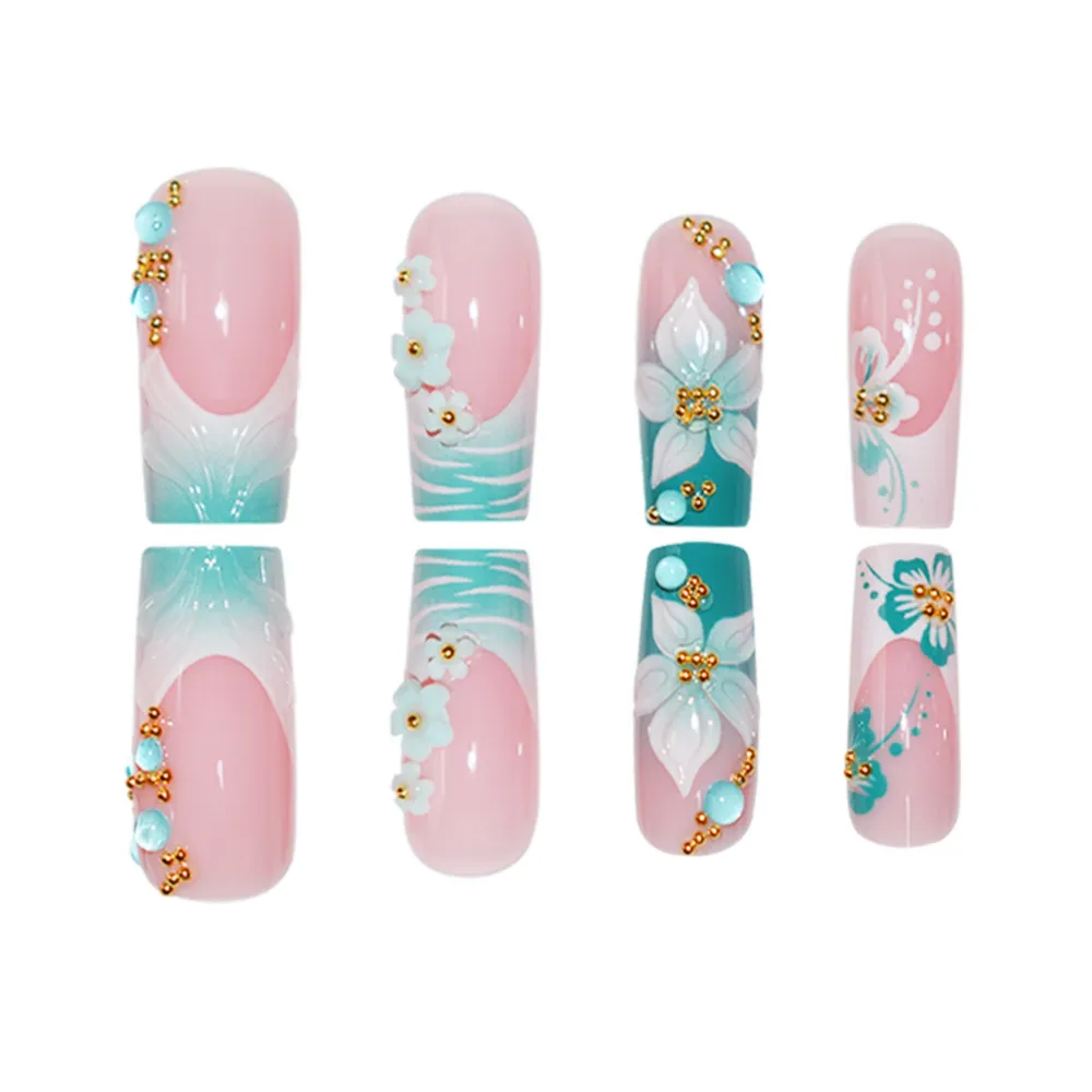 Nailhour Rhinestone 24Pcs Long Square 3D Floral Press On Nails
