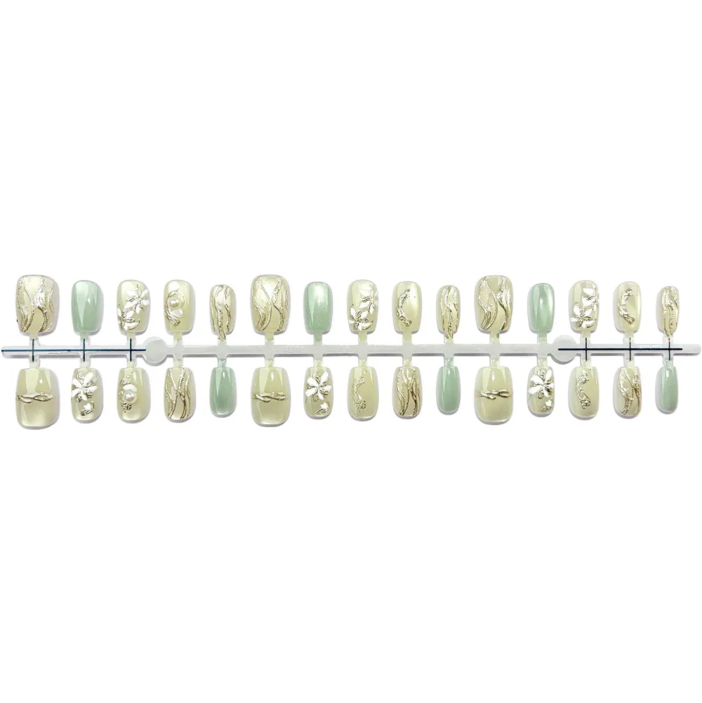 Nailhour 30Pcs Green Gilded 3D Medium Square French Press On Nails