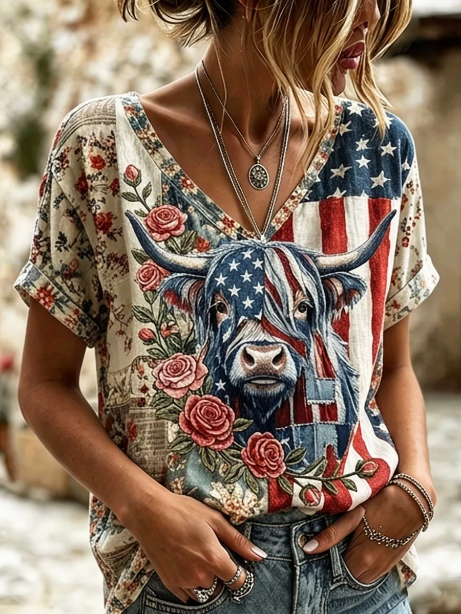 Vintage Highland Cow Patchwork Print Women's Linen V Neck T-Shirt