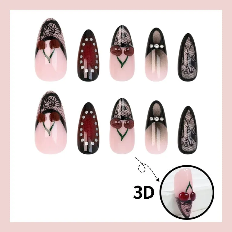 Nailhour 24Pcs Black & Red Gradient 3D Medium Almond French Press On Nails