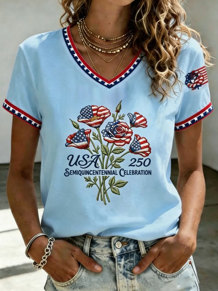 U.S. 250th Anniversary Rose Art Women's V-Neck T-Shirt
