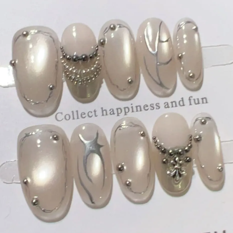 Nailhour 10Pcs Cat Eye French Gilded Nude Medium Oval Press On Nails